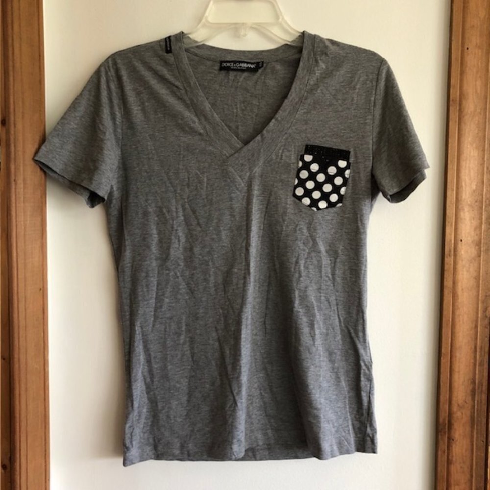 DOLCE & GABBANA V Neck Stud Polka Dot Pocket Gray Cotton Short Sleeve Te…